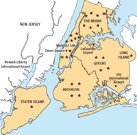 Locations of headquarters for agencies represented by participants in this study.  To encourage a broader perspective, we recruited to ensure at least one agency from each bourough of New York City was represented.