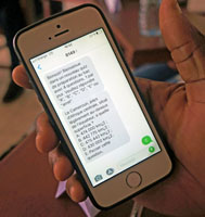 The practice tests on a student's phone. This shows an introduction message with instructions sent at the beginning of each week, a multiple-choice question, and a student reply with their answer choice. A feedback message would be sent the following day providing the correct answer.