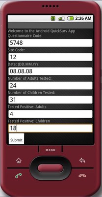 An example data collection application built on MySMS, where the app collects data using a form and submits the data using SMS.