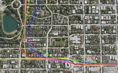 Accuracy and resolution of GPS data collected at different message send intervals: red – 10 seconds, yellow – 20 seconds, blue – 30 seconds, purple - 40 seconds, green – 60 seconds.